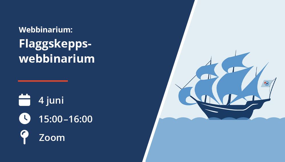 Illustration för ett webbinarium med rubriken “Flaggskeppswebbinarium”. Bilden visar datumet 4 juni, tiden 15:00–16:00 och platsen Zoom, tillsammans med ett illustrerat segelfartyg klätt med en SND-flagga på blå vågor.