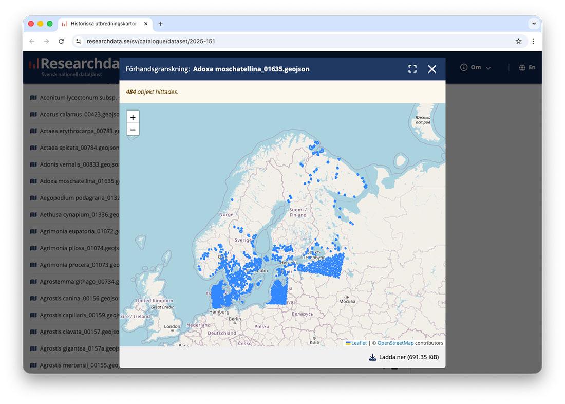 Förhandsgranskning av en .geojson-fil på Researchdata.se