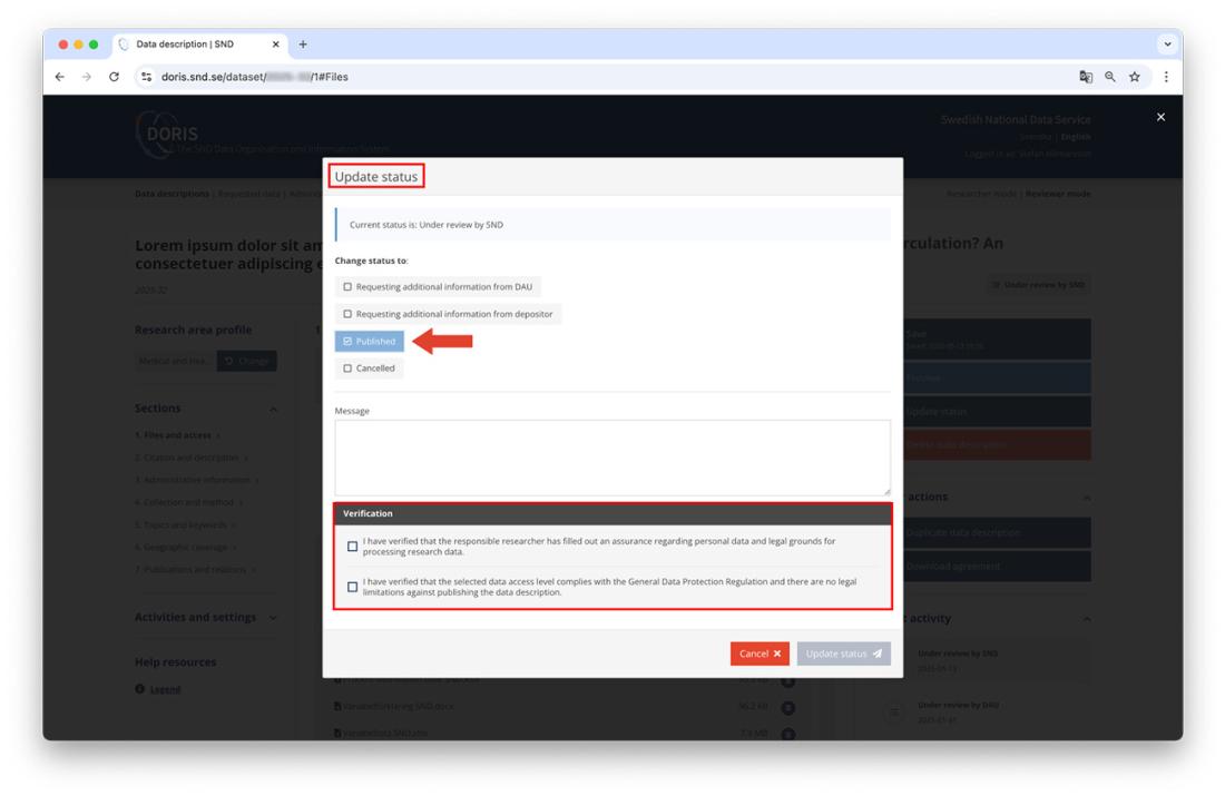 Checkboxes that DAU staff or SND needs to check before a data description can be forwarded or published.