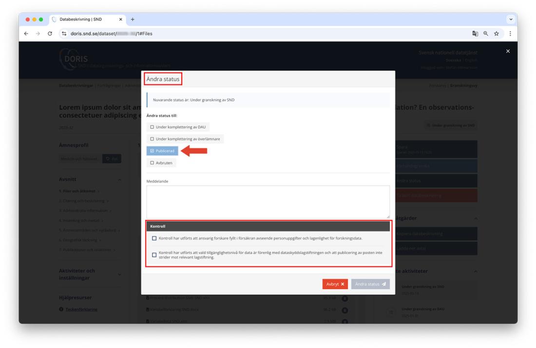 Kryssrutor som DAU- och SND-medarbetare behöver markera innan en databeskrivning kan skickas vidare eller publiceras.
