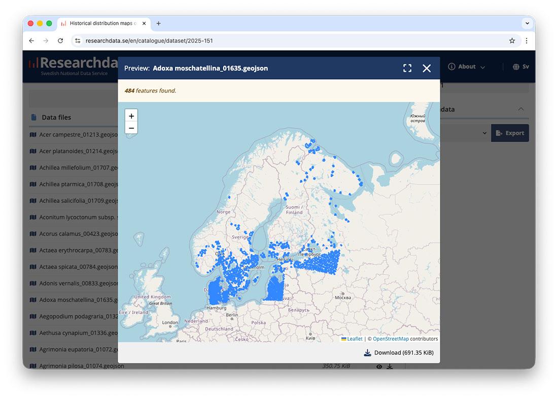 Preview of a GeoJSON file on Researchdata.se