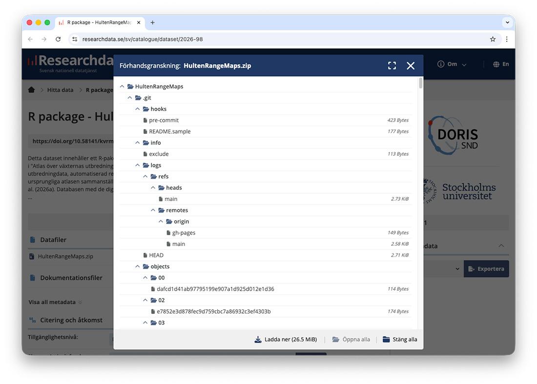 Förhandsgranskning av en .zip-fil på Researchdata.se