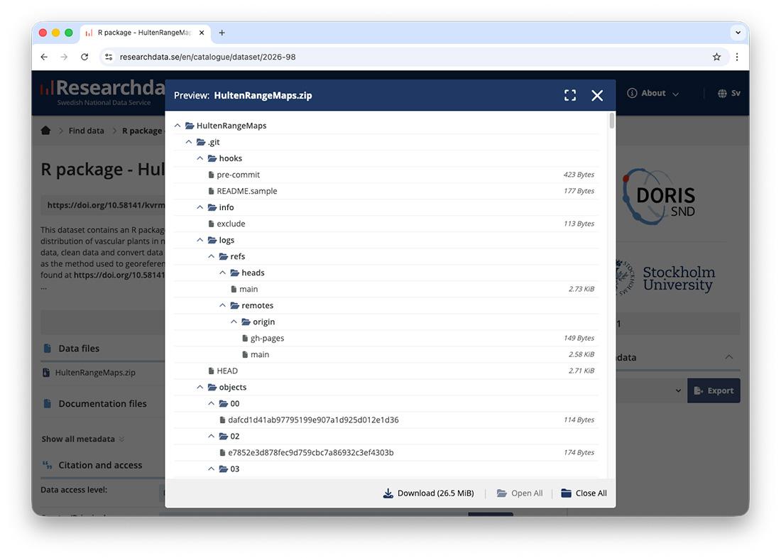 Preview of a ZIP file on Researchdata.se
